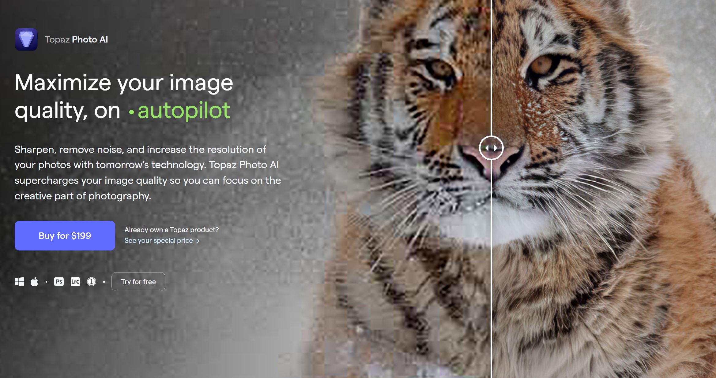 Screenshot of Topaz Photo AI software webpage, showcasing its features and capabilities for AI-driven image enhancement.