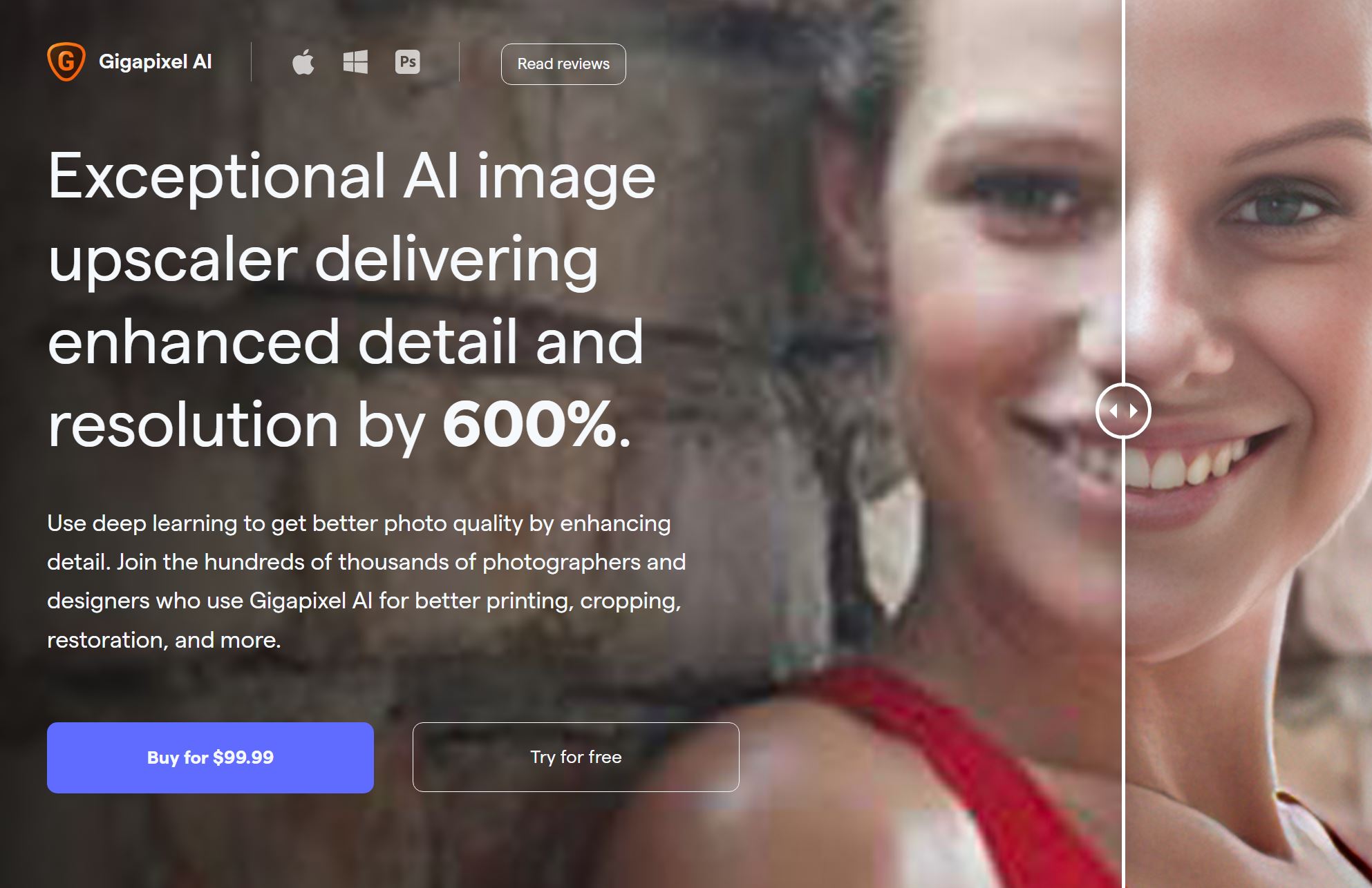 Screenshot of Gigapixel AI software webpage, demonstrating the AI Image Upscaler technology and its potential for high-resolution photo enhancement.
